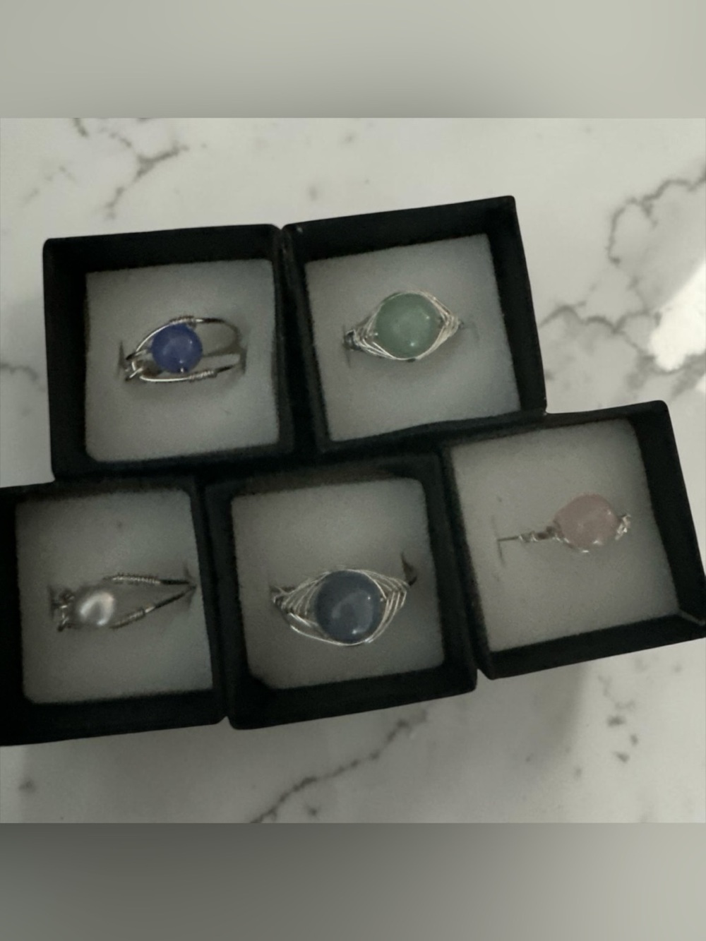 Set of 5 Silver Gemstone Rings- Blue and Green Agate, Rose Quartz